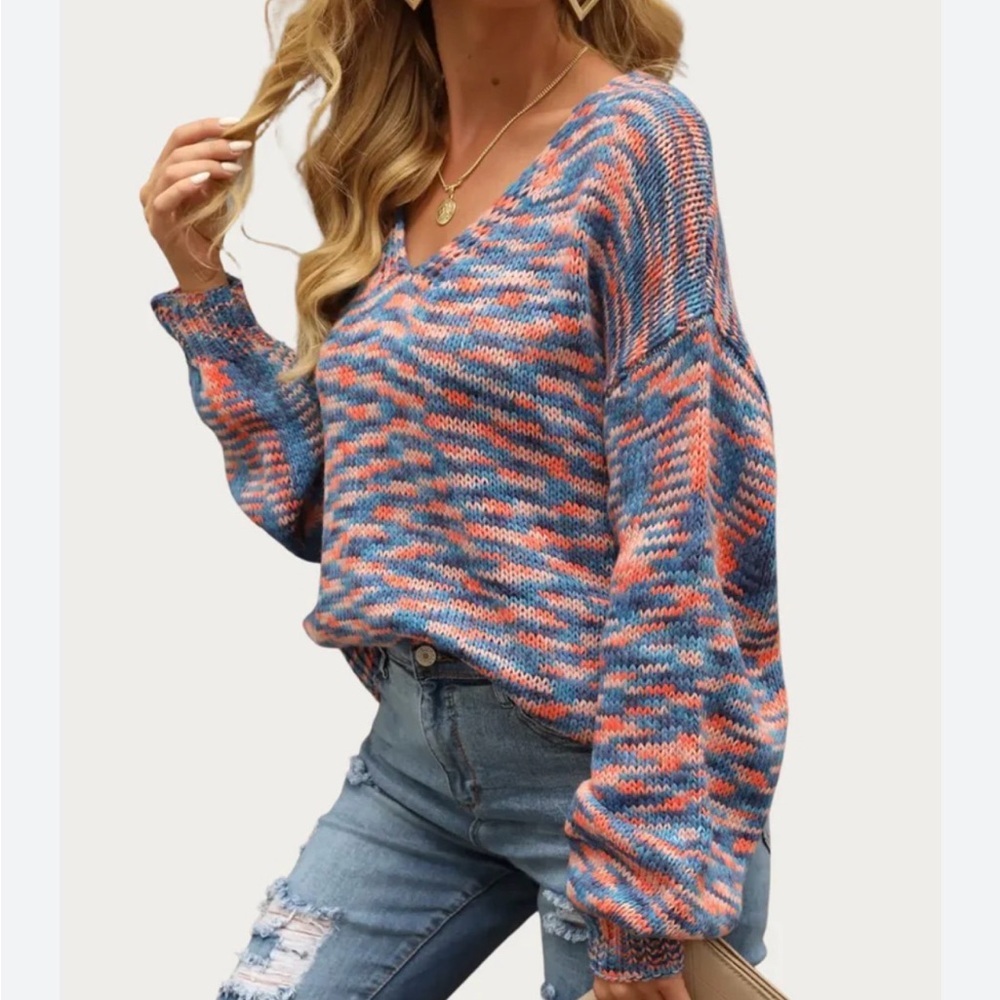 Altar’d State Blue Orange Soft V-Neck Balloon Sleeves Small - Picture 3 of 7